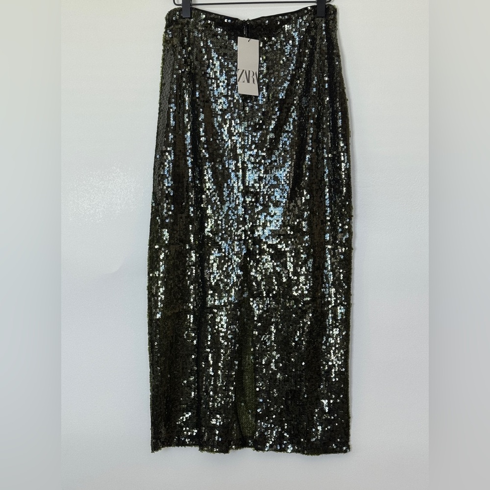 ZARA GREEN SEQUIN MIDI SKIRT 2157/248/500 015/216 - Picture 3 of 16